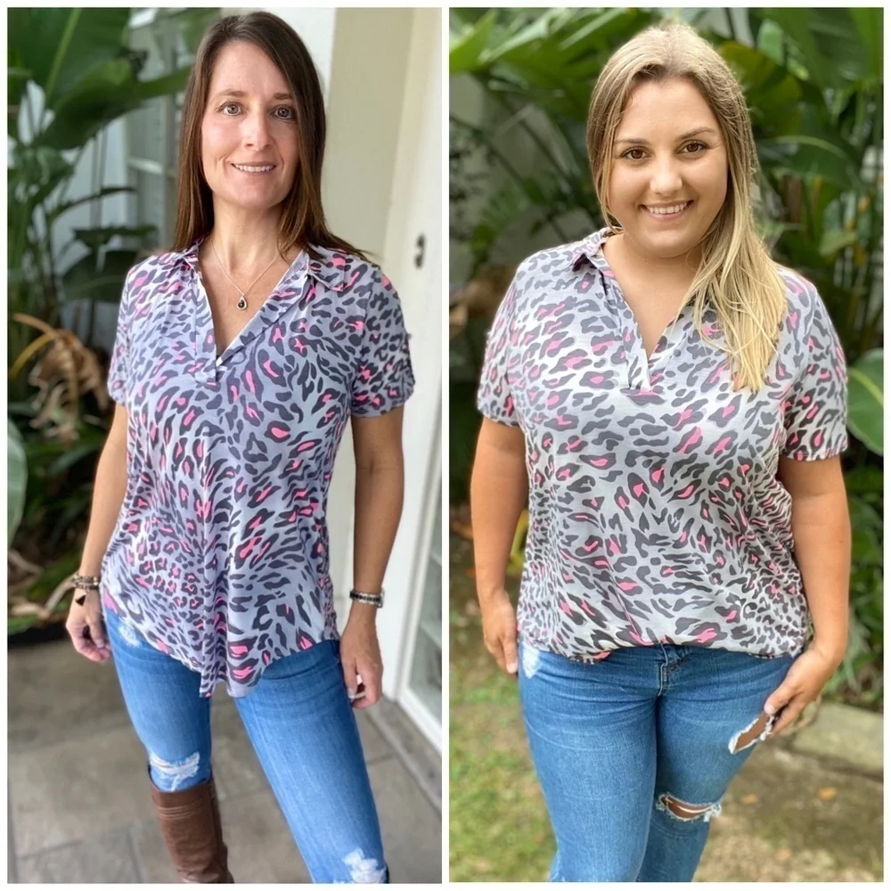 ❤️‍🔥Leopard V-Neck Collar Tab Button Gray Pink 4420